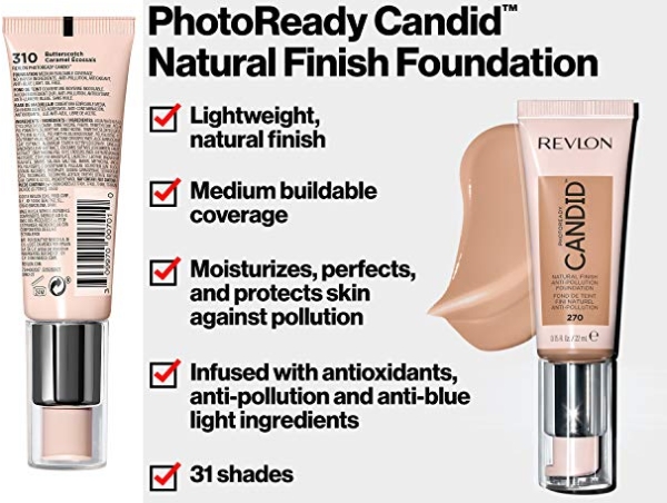 Purchase Revlon PhotoReady Candid Natural Finish Foundation, with Anti-Pollution, Antioxidant, Anti-Blue Light Ingredients, 310 Butterscotch, 0.75 fl. oz. on Amazon.com