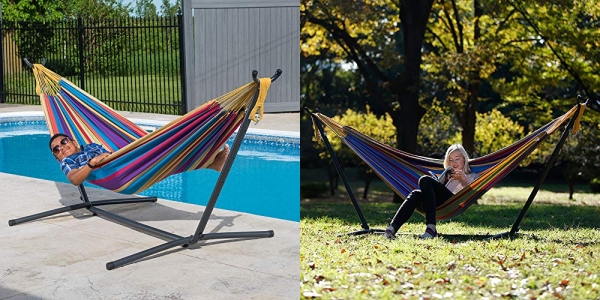Purchase Vivere Double Cotton Hammock with Space Saving Steel Stand, Tropical (450 lb Capacity - Premium Carry Bag Included) on Amazon.com