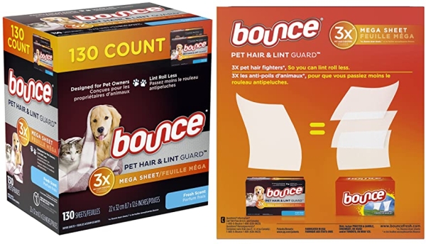 Purchase Bounce Pet Hair and Lint Guard Mega Dryer Sheets with 3X Pet Hair Fighters, Fresh Scent, 130 Count on Amazon.com
