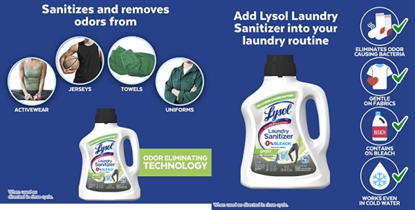 Purchase Lysol Sport Laundry Sanitizer Additive, Sanitizing Liquid for Gym Clothes and Activewear, Eliminates Odor Causing Bacteria, 90oz on Amazon.com