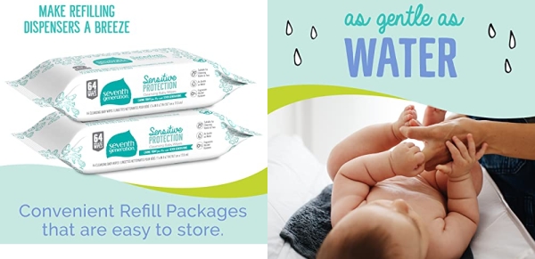 Purchase Seventh Generation Baby Wipes, Free & Clear Unscented and Sensitive, Gentle as Water, Refill with Tape Seal, 256 count on Amazon.com