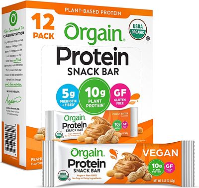 Purchase Orgain Organic Plant Based Protein Bar, Peanut Butter - 10g of Protein, Vegan, Gluten Free, Non Dairy, Soy Free, Lactose Free, Kosher, Non-GMO, 1.41 Ounce, 12 Count at Amazon.com
