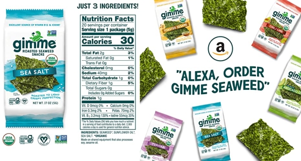 Purchase gimMe Organic Roasted Seaweed Sheets - Sea Salt - 20 Count - Keto, Vegan, Gluten Free - Great Source of Iodine and Omega 3s - Healthy On-The-Go Snack for Kids & Adults on Amazon.com