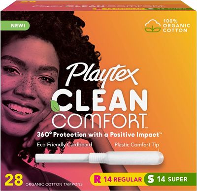 Purchase Playtex Clean Comfort Organic Cotton Tampons, Multipack (14ct Regular/14ct Super Absorbency), Fragrance-Free, Organic Cotton - 28ct at Amazon.com