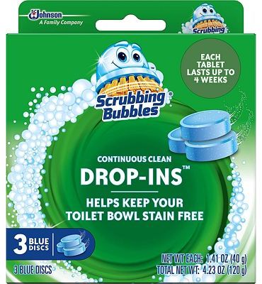 Purchase Scrubbing Bubbles Continuous Clean Drop-Ins Toilet Cleaner Tablet, Repels Tough Hard Water and Limescale Stains, Blue Discs, 4.23 oz, 3ct at Amazon.com