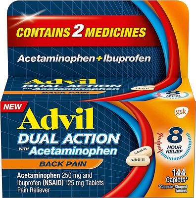 Purchase Advil Dual Action Back Pain Caplets Delivers 250mg Ibuprofen and 500mg Acetaminophen Per Dose for 8 Hours of Back Pain Relief - 144 Count at Amazon.com