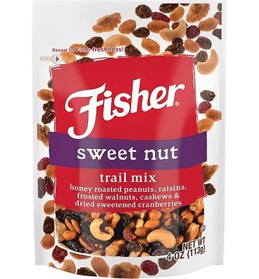 Purchase Fisher Snack Sweet Nut Trail Mix, Honey Roasted Peanuts, Raisins, Frosted Walnuts, Cashews, Dried Sweetened Cranberries, 4 Ounces at Amazon.com