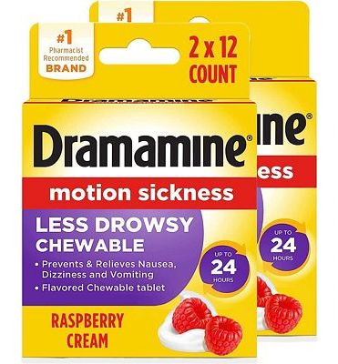 Purchase Dramamine Motion Sickness Less Drowsy Chewable, Raspberry Cream Flavored, 12 Count, 2 Pack at Amazon.com