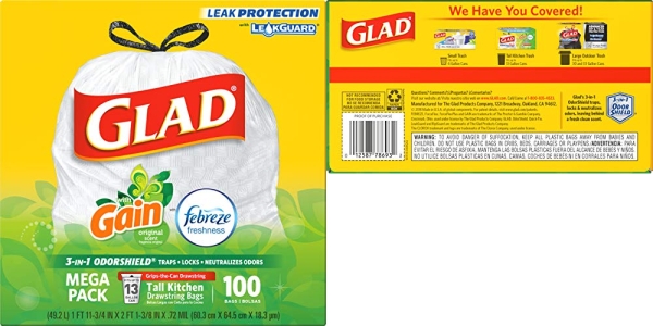 Purchase Glad Tall Kitchen Drawstring Trash Bags - OdorShield 13 Gallon White Trash Bag, Gain Original with Febreze Freshness - 100 Count on Amazon.com