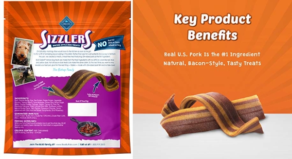 Purchase Blue Buffalo Sizzlers Natural Bacon-Style Soft-Moist Dog Treats on Amazon.com