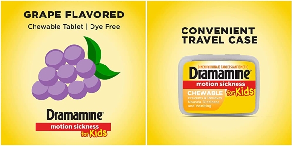 Purchase Dramamine Motion Sickness Relief for Kids, Chewable Grape, 8 Count on Amazon.com