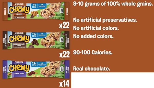 Purchase Quaker Chewy Granola Bars, 3 Flavor Variety Pack (58 Bars) on Amazon.com