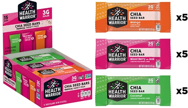 Purchase Health Warrior Chia Bars, Tropical Variety Pack, Gluten Free, Vegan, 25g Bars, 15 Count on Amazon.com