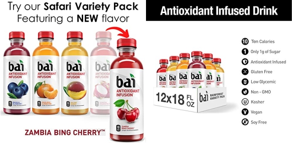 Purchase Bai Flavored Water, Rainforest Variety Pack, Antioxidant Infused Drinks, 18 Fluid Ounce Bottles, 12 count, 3 each of Brasilia Blueberry, Costa Rica Clementine, Malawi Mango, Sumatra Dragonfruit on Amazon.com