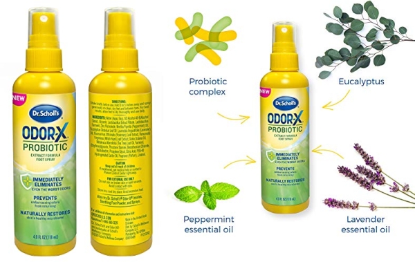 Purchase Dr. Scholl's Probiotic Foot Spray 4oz Immediately Eliminates and Prevents Odors from Returning Shoe Deoderizer, 4 Ounce on Amazon.com