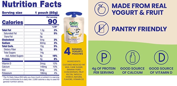 Purchase GoGo squeeZ YogurtZ, Banana, 3 Ounce (4 Pouches), Low Fat Yogurt, Gluten Free, Healthy Snacks, Recloseable, BPA Free Pouches on Amazon.com