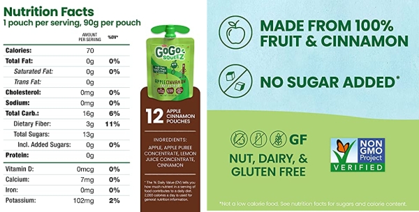 Purchase GoGo squeeZ Applesauce on the Go, Apple Cinnamon, 3.2 Ounce (12 Pouches), Gluten Free, Vegan Friendly, Healthy Snacks, Unsweetened Applesauce, Recloseable, BPA Free Pouches on Amazon.com
