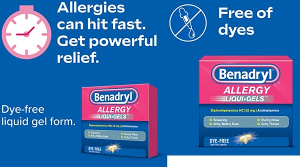Purchase Benadryl Liqui-Gels Antihistamine Allergy Medicine & Cold Relief, Dye Free, 24 ct on Amazon.com