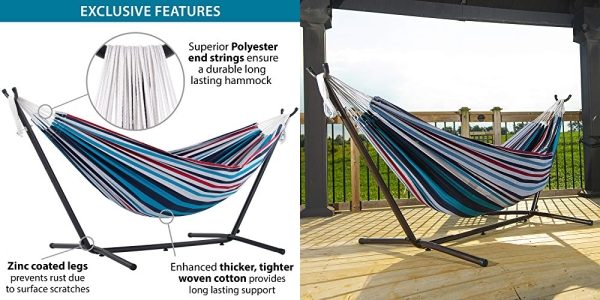 Purchase Vivere Double Cotton Hammock with Space Saving Steel Stand, Denim (450 lb Capacity - Premium Carry Bag Included), Denim with Charcoal Frame on Amazon.com