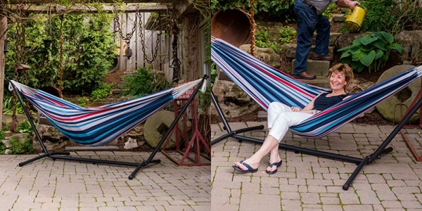 Purchase Vivere Double Cotton Hammock with Space Saving Steel Stand, Denim (450 lb Capacity - Premium Carry Bag Included), Denim with Charcoal Frame on Amazon.com