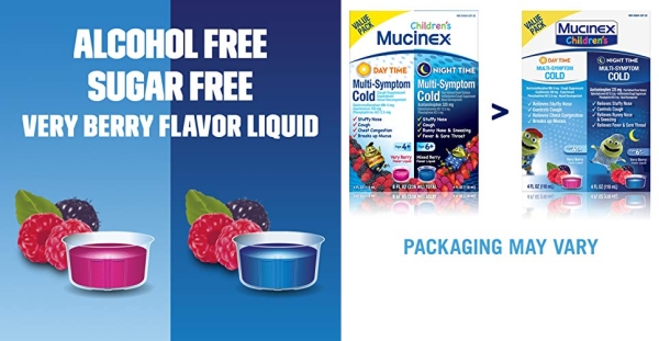 Purchase Cold & Cough, Mucinex Children's Multi-Symptom Day/Night Liquid, Very Berry, 8oz (2x4oz) on Amazon.com