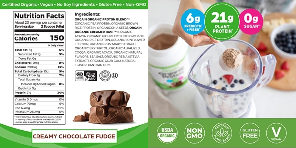 Purchase Orgain Organic Plant Based Protein Powder, Creamy Chocolate Fudge - Vegan, Low Net Carbs, Non Dairy, Gluten Free, Lactose Free, No Sugar Added, Soy Free, Kosher, Non-GMO, 2.03 Pound on Amazon.com