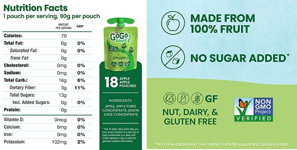 Purchase GoGo squeeZ Fruit on the Go, Apple Apple, 3.2 oz. (18 Pouches) - Tasty Kids Applesauce Snacks Made from Apples - Gluten Free Snacks for Kids - Nut & Dairy Free - Vegan Snacks on Amazon.com