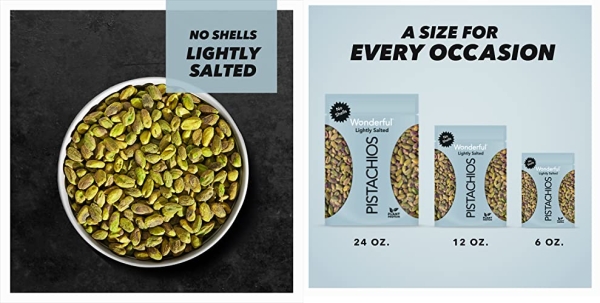 Purchase Wonderful Pistachios, No Shells, Roasted and Lightly Salted, 6 Ounce Resealable Bag on Amazon.com