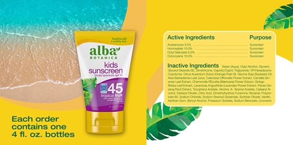 Purchase Alba Botanica Kids Sunscreen for Face and Body, Tropical Fruit Sunscreen Lotion for Kids, Broad Spectrum SPF 45, Water Resistant and Hypoallergenic, 4 fl. oz. Bottle on Amazon.com