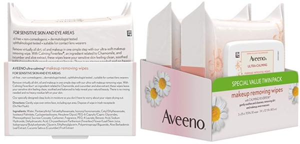 Purchase Aveeno Ultra-Calming Cleansing Oil-Free Makeup Removing Wipes for Sensitive Skin, 25 Count, Twin Pack on Amazon.com