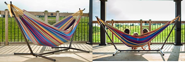 Purchase Vivere Double Cotton Hammock with Space Saving Steel Stand, Tropical (450 lb Capacity - Premium Carry Bag Included) on Amazon.com