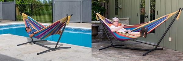 Purchase Vivere Double Cotton Hammock with Space Saving Steel Stand, Tropical (450 lb Capacity - Premium Carry Bag Included) on Amazon.com