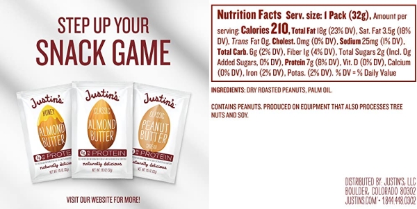 Purchase Justin's Classic Peanut Butter Squeeze Packs, Only Two Ingredients, Gluten-free, Non-GMO, Responsibly Sourced, Pack of 10 (1.15oz each) on Amazon.com