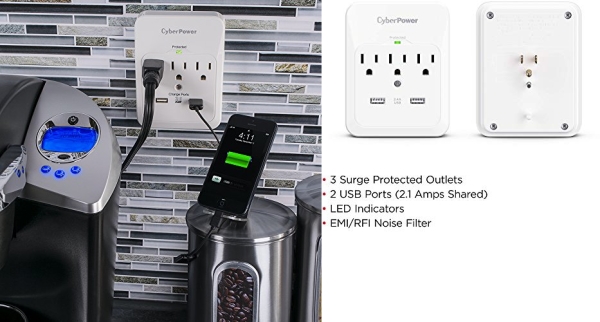 Purchase CyberPower CSP300WUR1 Professional Surge Protector, 600J/125V, 3 Outlets, 2 USB Charge Ports (2.1 Amps Shared) Wall Tap Plug on Amazon.com