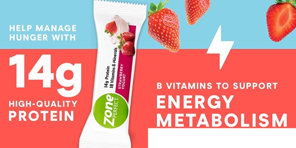 Purchase Zone PERFECT Protein Bars, Strawberry Yogurt, 14g of Protein, Nutrition Bars with Vitamins & Minerals, Great Taste Guaranteed, 36 Bars on Amazon.com