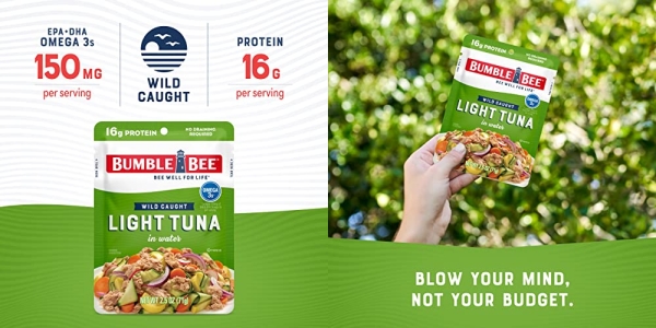 Purchase BUMBLE BEE Premium Light Tuna in Water, Ready to Eat Tuna Fish, High Protein Food, 2.5 Ounce Pouch (Pack of 12) on Amazon.com