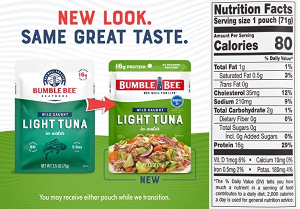 Purchase BUMBLE BEE Premium Light Tuna in Water, Ready to Eat Tuna Fish, High Protein Food, 2.5 Ounce Pouch (Pack of 12) on Amazon.com