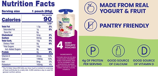 Purchase GoGo squeeZ YogurtZ, Berry, 3 Ounce (4 Pouches), Low Fat Yogurt, Recloseable, BPA Free Pouches on Amazon.com