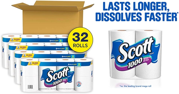 Purchase Scott 1000 Sheets Per Roll Toilet Paper, 4 Packs of 8 Rolls (32 Rolls Total) Bath Tissue on Amazon.com
