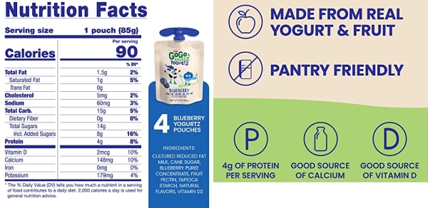 Purchase GoGo squeeZ YogurtZ, Blueberry, 3 Ounce (4 Pouches), Low Fat Yogurt, Gluten Free, Pantry-friendly, Recloseable, BPA Free Pouches on Amazon.com