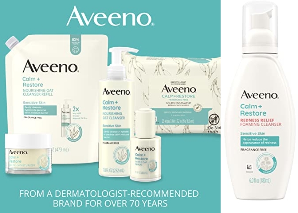 Purchase Aveeno Calm + Restore Redness Relief Foaming Cleanser, Daily Facial Cleanser With Calming Feverfew to Help Reduce the Appearance of Redness, Hypoallergenic & Fragrance-Free, 6 fl. oz on Amazon.com