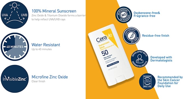 Purchase CeraVe Mineral Sunscreen Stick for Kids & Adults, Broad Spectrum SPF 50, Fragrance Free, 0.47 Ounce on Amazon.com