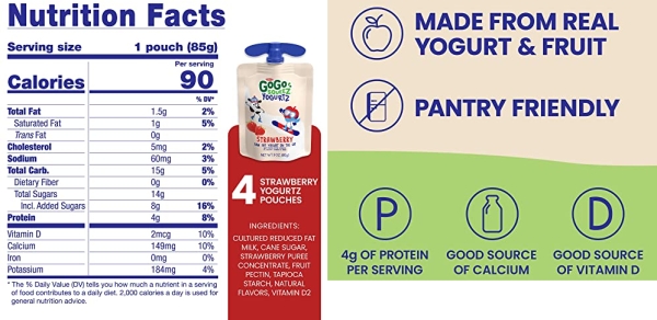 Purchase GoGo squeeZ yogurtZ, Strawberry, 3 Ounce (4 Pouches), Low Fat Yogurt, Gluten Free, Pantry-friendly, Recloseable, BPA Free Pouches on Amazon.com
