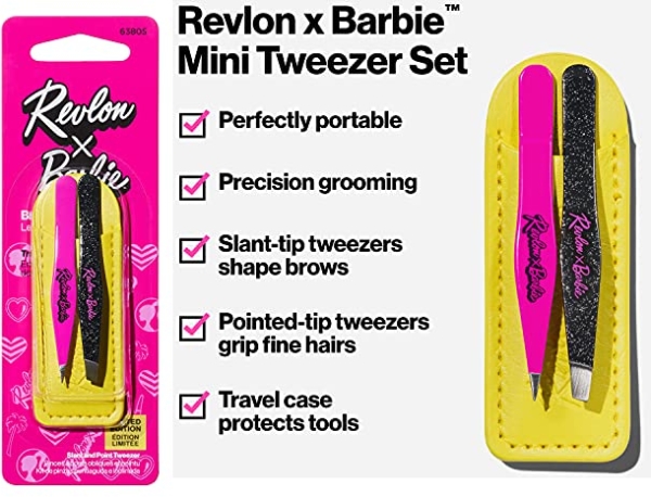 Purchase Revlon x Barbie Mini Tweezer Set, Stainless Steel Hair Removal Makeup Tool, includes Slant Tip & Pointed Tip Tweezers in Travel Case on Amazon.com