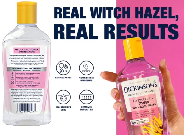 Purchase Dickinson's Enhanced Witch Hazel Hydrating Toner with Rosewater, Alcohol Free, 98% Natural Formula, 16 Fl. Oz. on Amazon.com