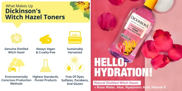 Purchase Dickinson's Enhanced Witch Hazel Hydrating Toner with Rosewater, Alcohol Free, 98% Natural Formula, 16 Fl. Oz. on Amazon.com