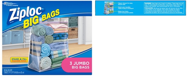 Purchase Ziploc Storage Bags, Double Zipper Seal & Expandable Bottom, Jumbo, 3 Count, Big Bag on Amazon.com