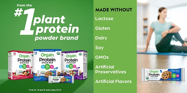 Purchase Orgain Organic Plant Based Protein Bar, Chocolate Chip Cookie Dough - Vegan, Gluten Free, Non Dairy, Soy Free, Lactose Free, Kosher, Non-GMO, 1.41 Ounce, 12 Count on Amazon.com
