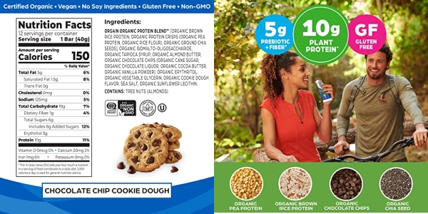 Purchase Orgain Organic Plant Based Protein Bar, Chocolate Chip Cookie Dough - Vegan, Gluten Free, Non Dairy, Soy Free, Lactose Free, Kosher, Non-GMO, 1.41 Ounce, 12 Count on Amazon.com