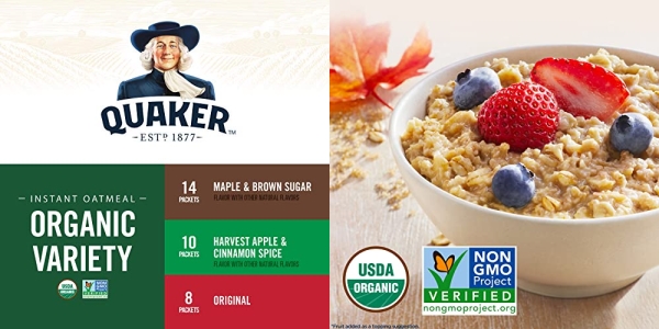 Purchase Quaker Instant Oatmeal, USDA Organic, Non-GMO Project Verified, 3 Flavor Variety Pack, Individual Packets, 32 Count on Amazon.com